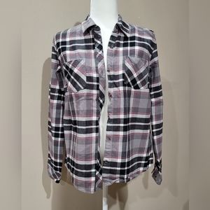 womens natural reflections pink white grey black plaid button long sleeve shirt